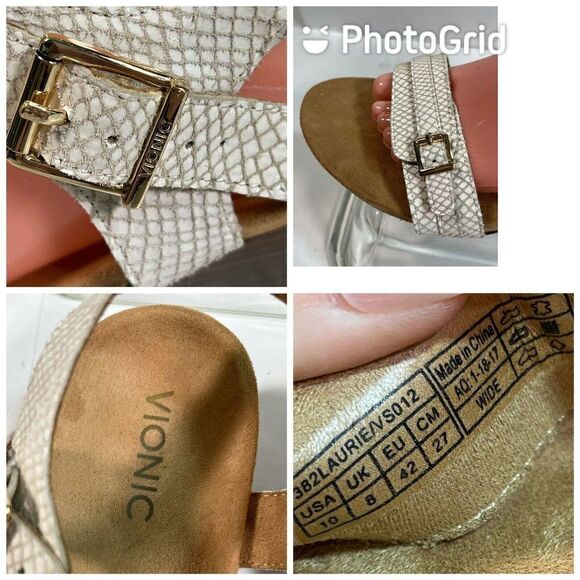 Vionic White Sandals Size 10 Laurie Wedge Ankle Strap Buckle Snake Print - Picture 5 of 12